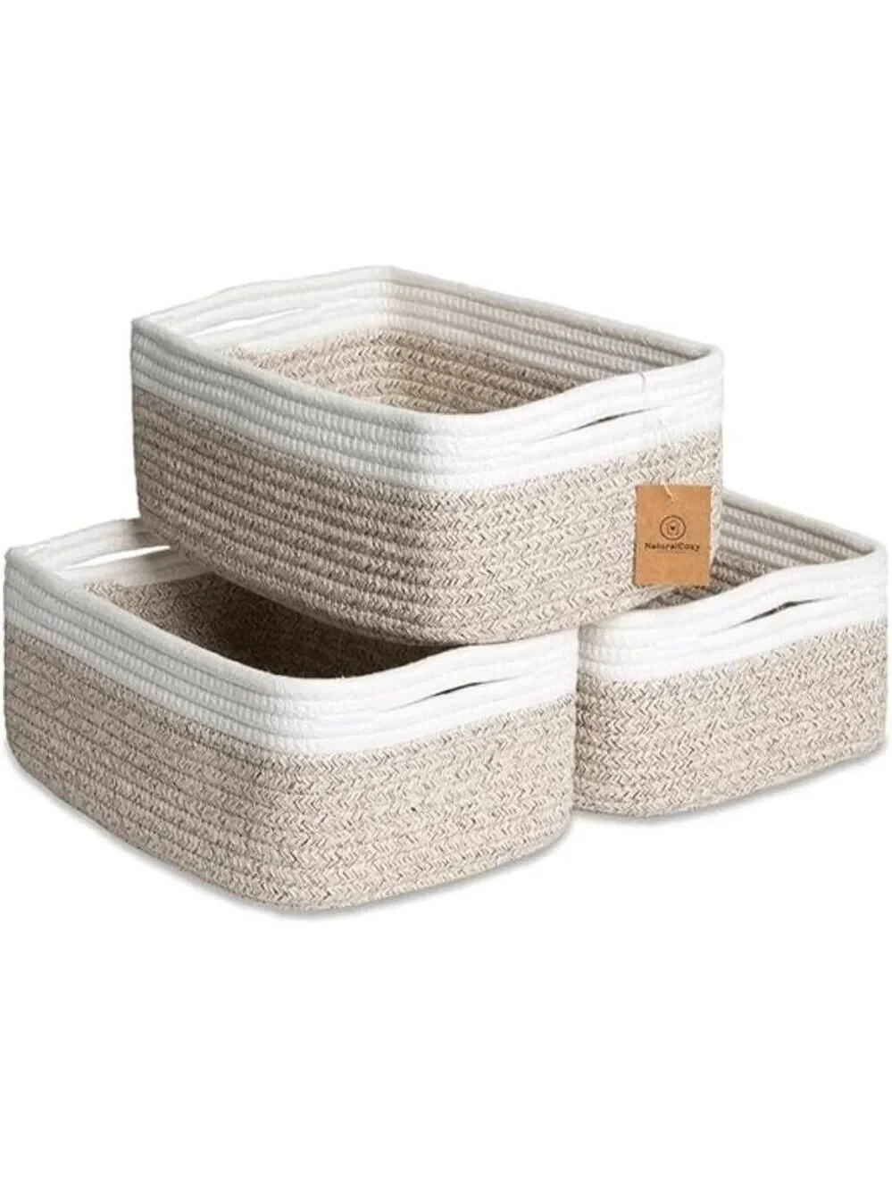 Cotton Rope Storage Baskets Set of 3 Small Woven Organizer Bins for Shelves